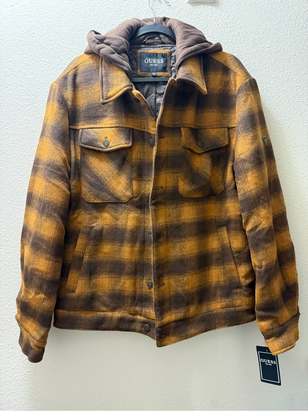 GUESS Men Plaid Hooded Shacket Jacket Quilted Brown Yellow NWT Small M5BL81